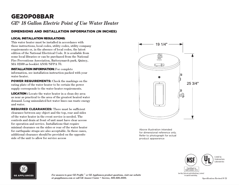 Page 1 de la notice Fiche technique GE GE20P08BAR