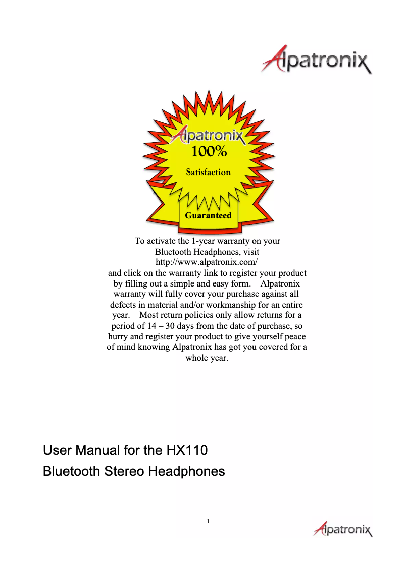 Page n°1 - Manuel utilisateur Alpatronix HX110