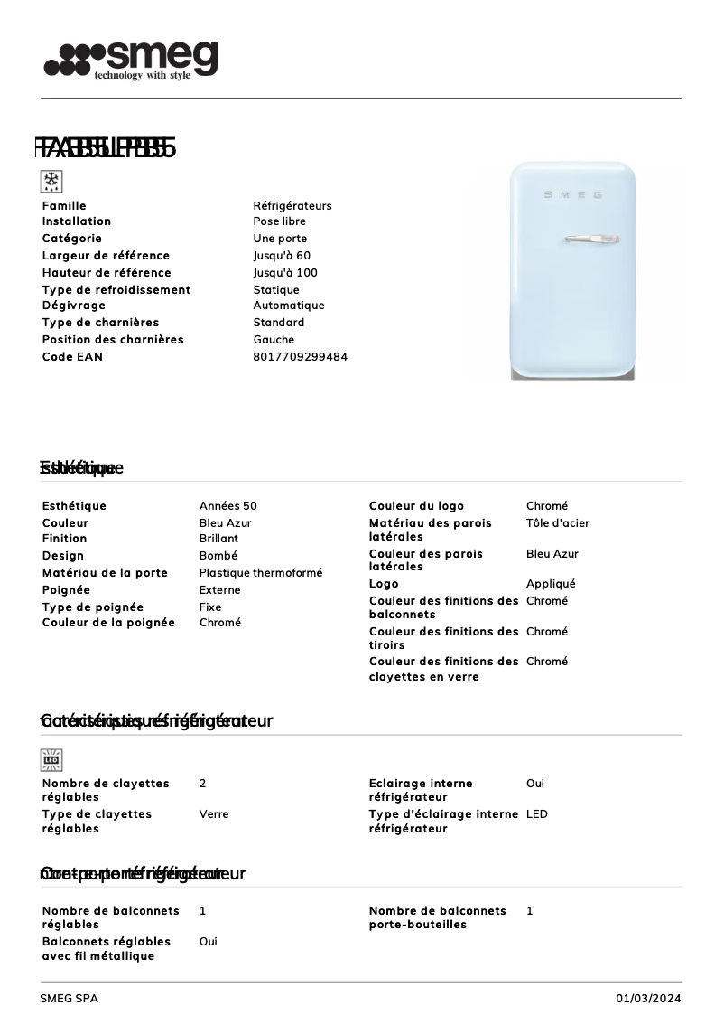 Page 1 de la notice Fiche technique Smeg FAB5LPB5