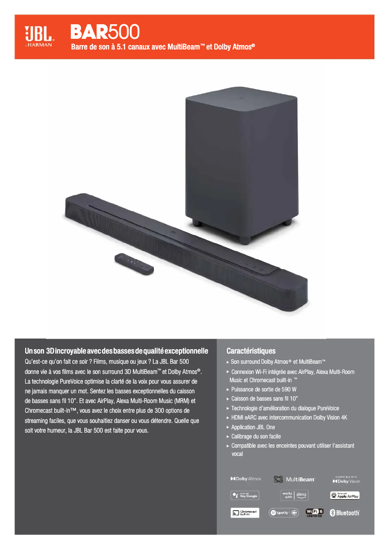 Page 1 de la notice Fiche technique JBL BAR 500