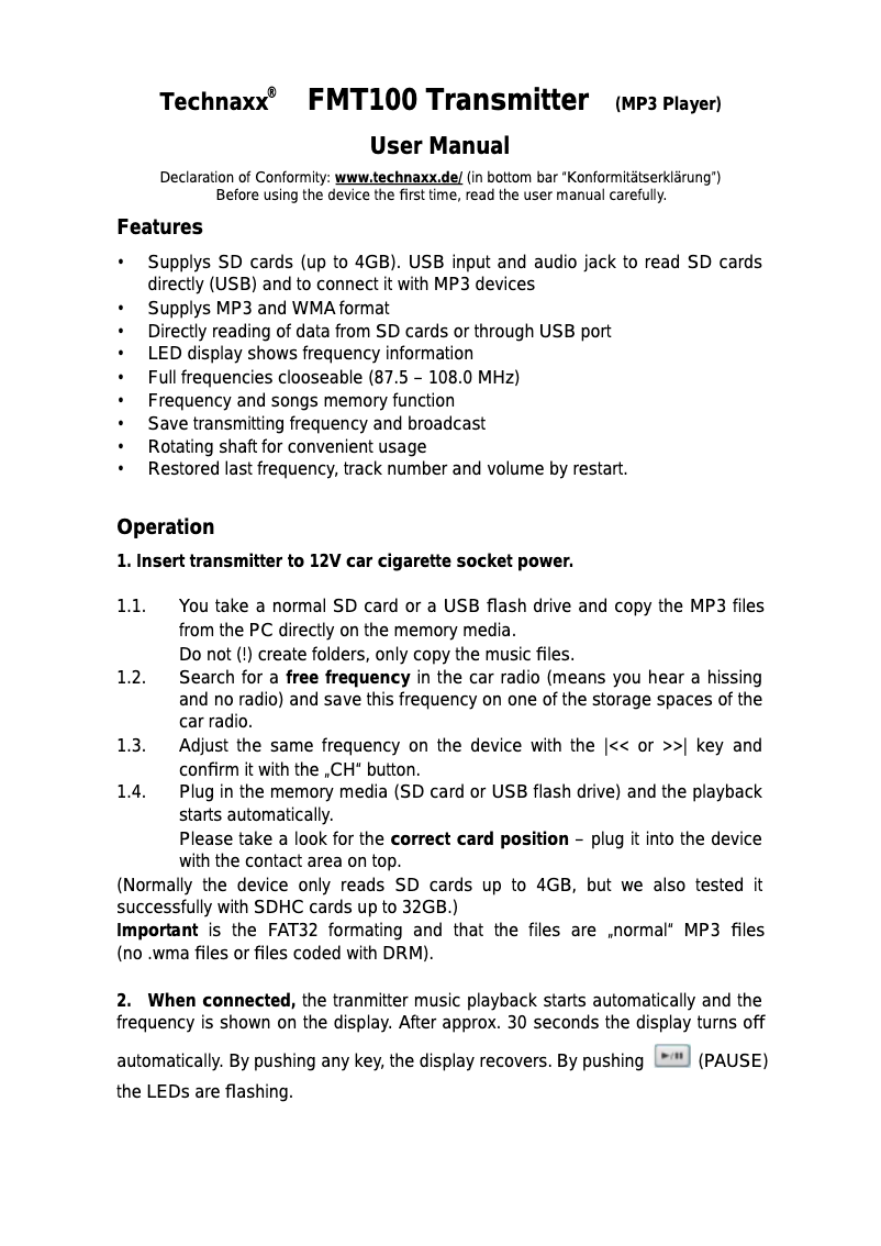 Image de la première page du manuel de l'appareil FMT100