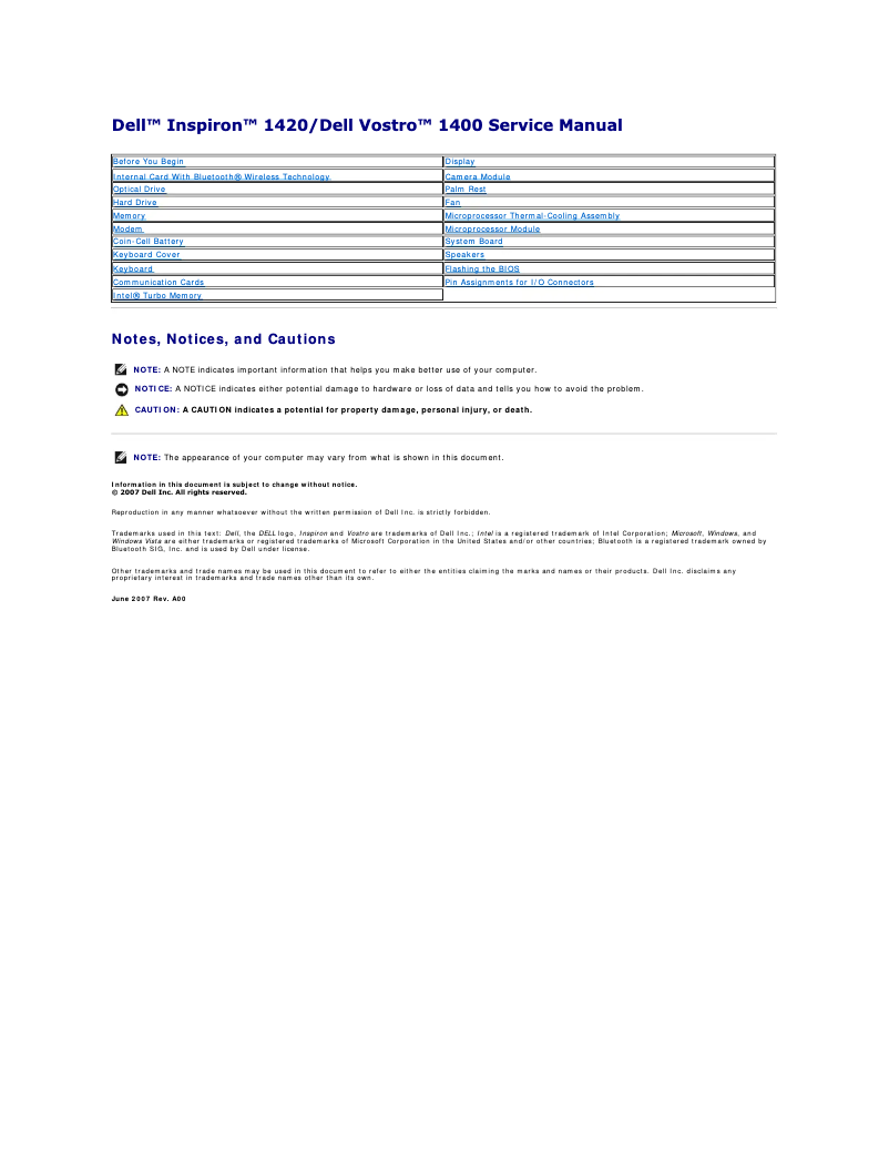 Page n°1 - Manuel utilisateur Dell Inspiron 1420