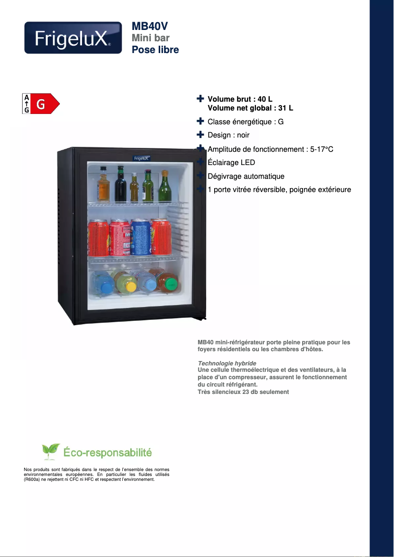Page 1 de la notice Fiche technique FrigeluX MB40V