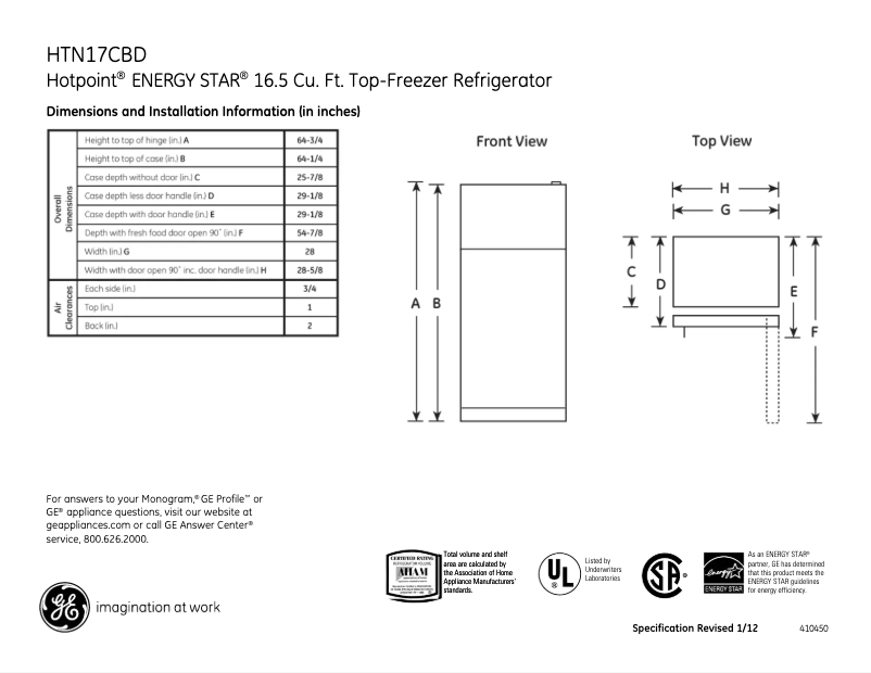 Page 1 de la notice Fiche technique Hotpoint HTN17CBDRCC
