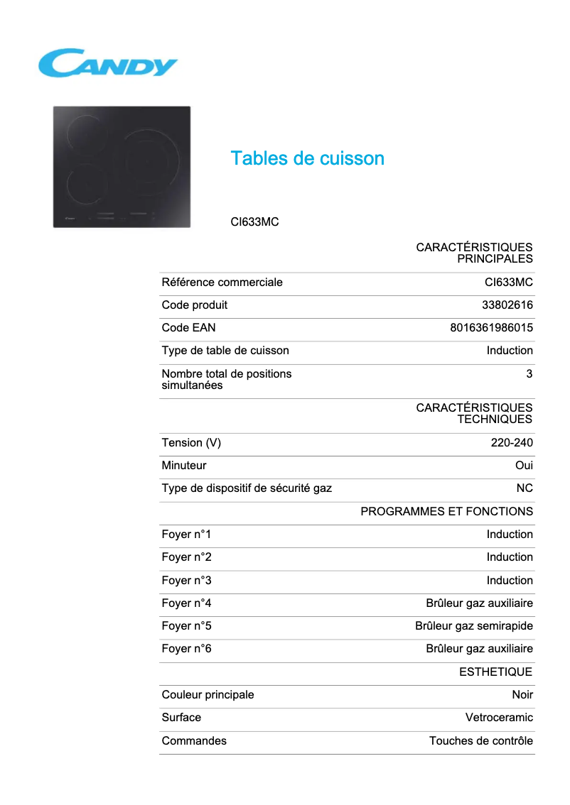 Page 1 de la notice Manuel utilisateur Candy CI633MC