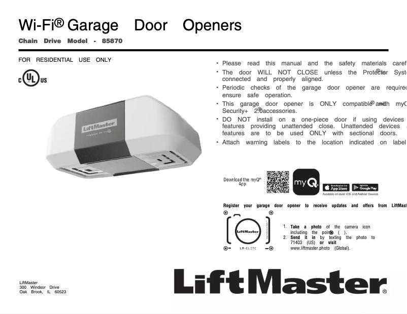 Page n°1 - Manuel utilisateur LiftMaster 85870