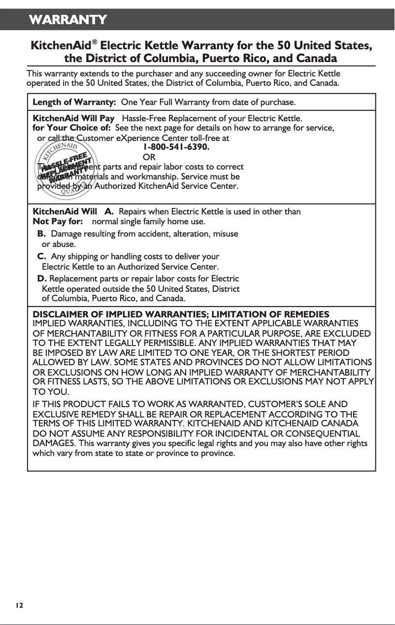 Page n°1 - Informations de garantie KitchenAid KEK1565ER