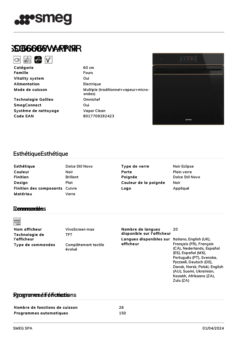 Page 1 de la notice Fiche technique Smeg SO6606WAPNR