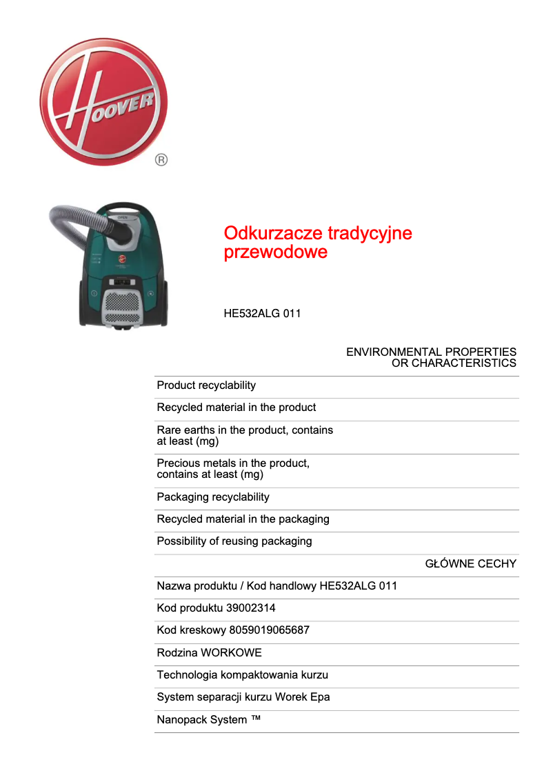 Page 1 de la notice Manuel utilisateur Hoover H-ENERGY 500 HE532ALG 011