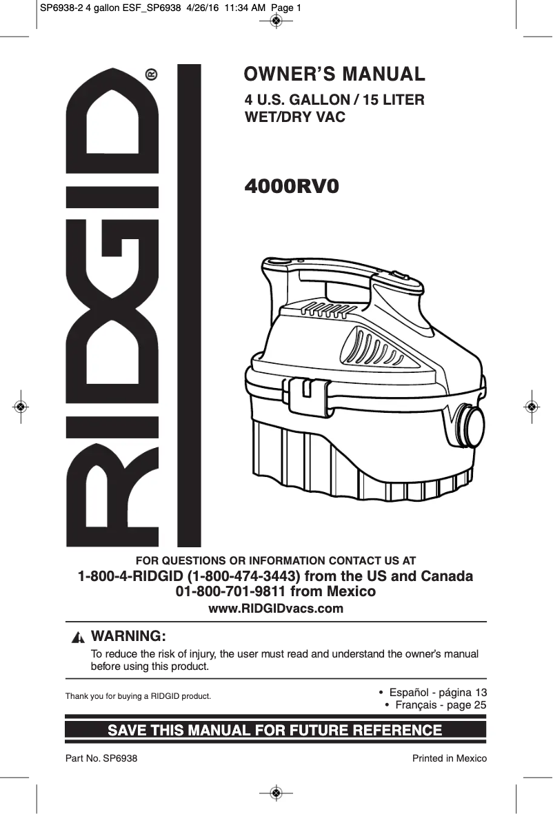 Página 1 del manual Manual de usuario Ridgid 4000RV