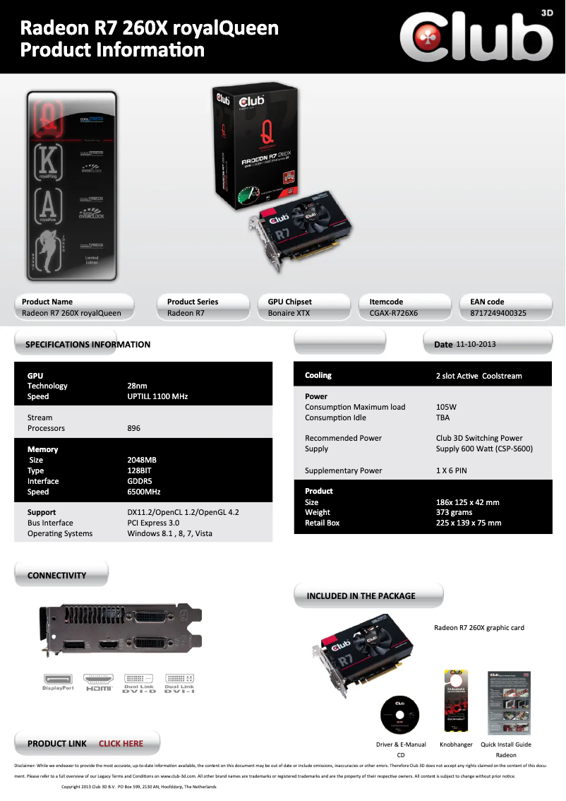 Page 1 de la notice Manuel utilisateur CLUB3D Radeon R7 260X royalQueen