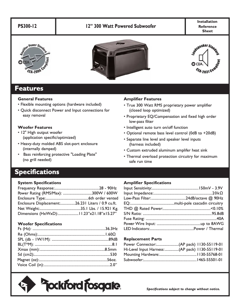 Page 1 de la notice Manuel utilisateur Rockford Fosgate Punch PS300-12