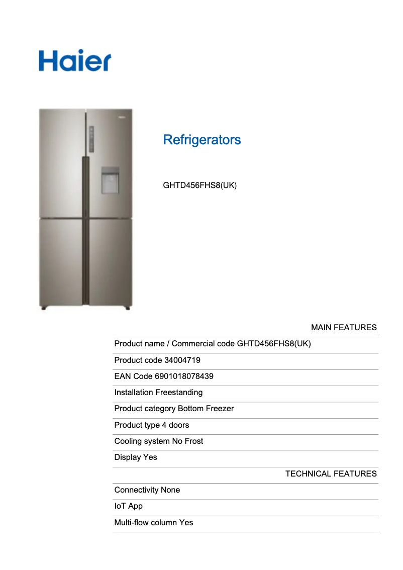 Page 1 de la notice Mode d'emploi Haier GHTD456FHS8