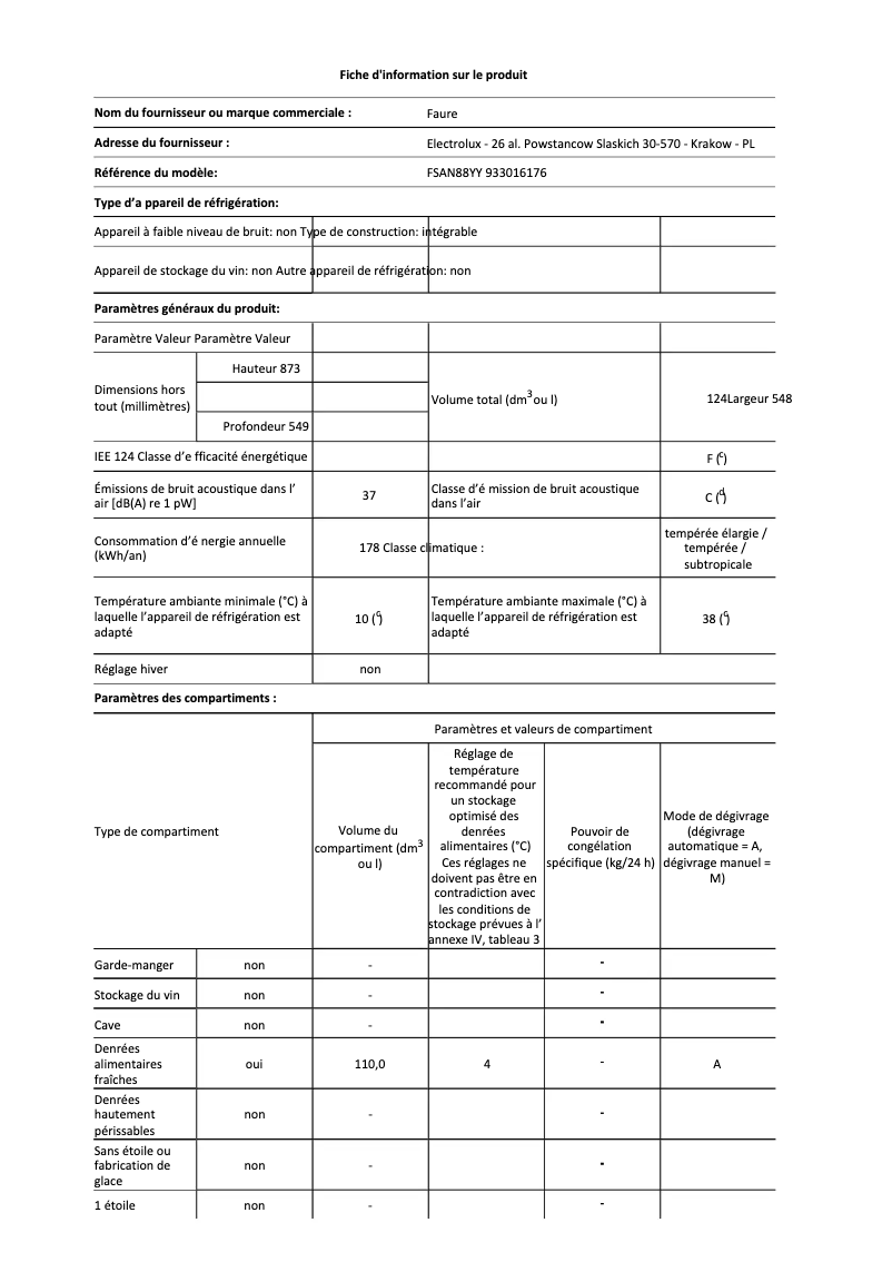 Page 1 de la notice Fiche technique Electrolux FSAN88YY