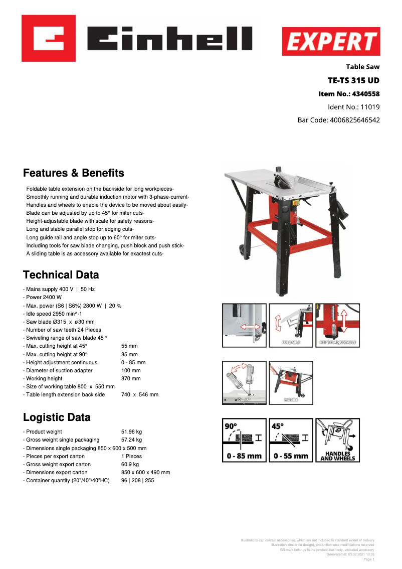 Page 1 de la notice Fiche technique Einhell TE-TS 315 UD