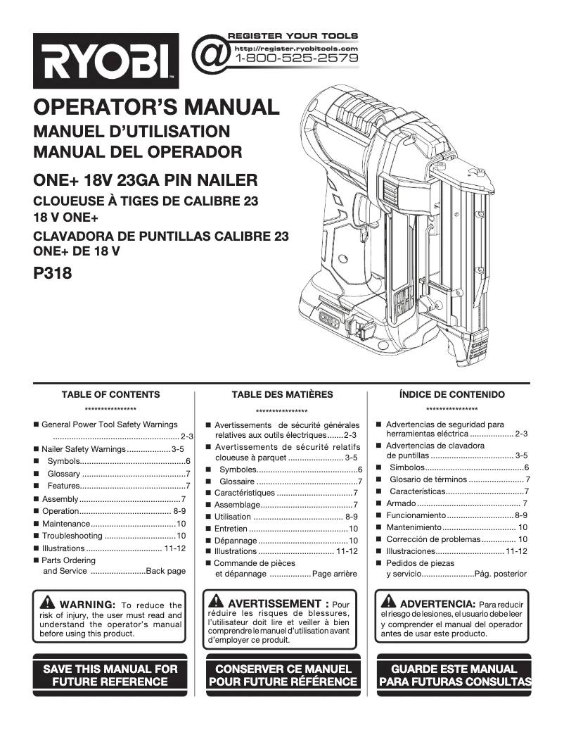 Page n°1 - Manuel utilisateur RYOBI P318