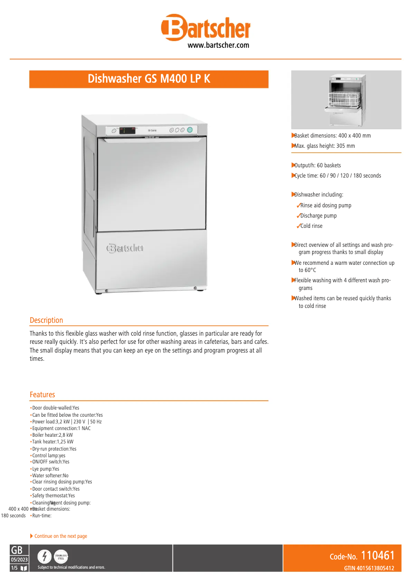Page 1 de la notice Fiche technique Bartscher GS M400 LP K