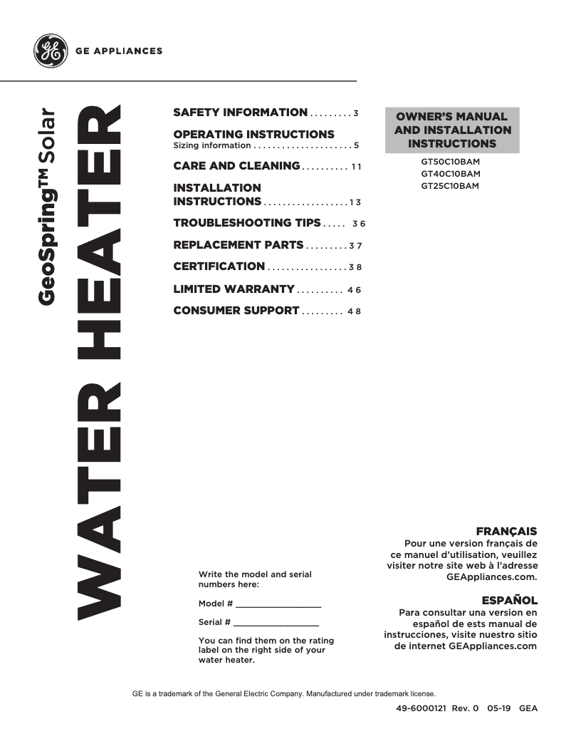 Page n°1 - Guide d'installation GE GeoSpring GT40C10BAM