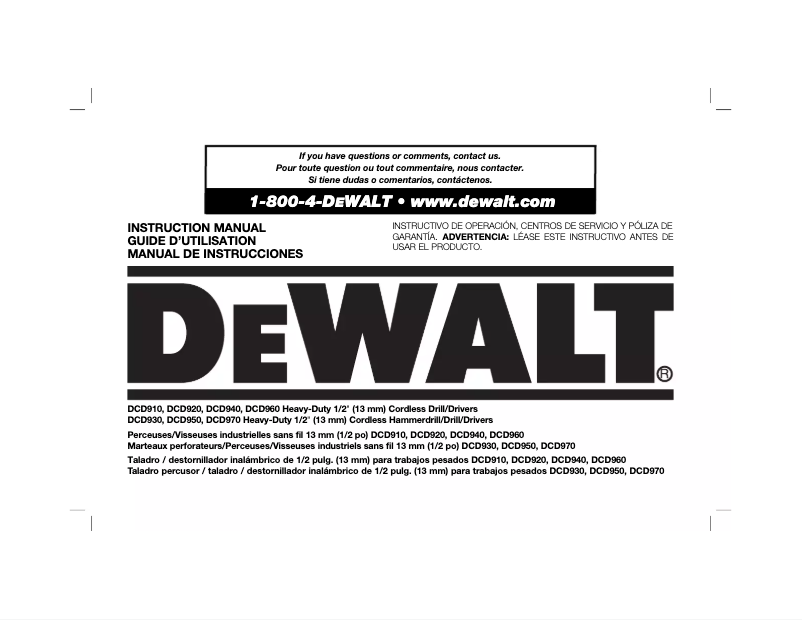Page 1 de la notice Manuel utilisateur DeWalt DCD950KX