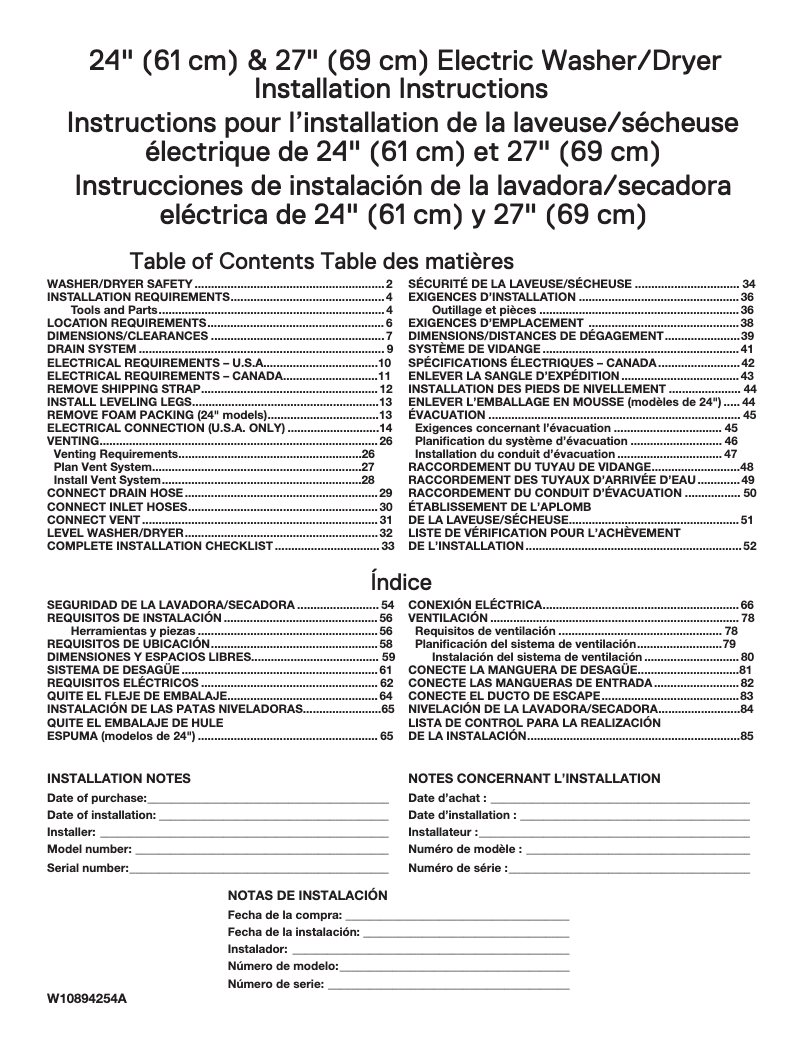 Página 1 del manual Guía de instalación Whirlpool WET4027H
