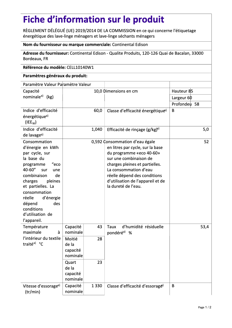 Page n°1 - Label énergétique Continental Edison CELL10140W1