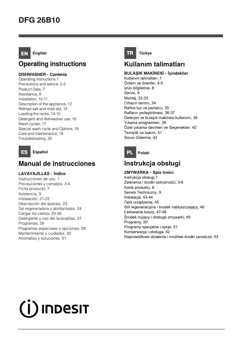 Page n°1 - Manuel utilisateur Indesit DFG 26B10