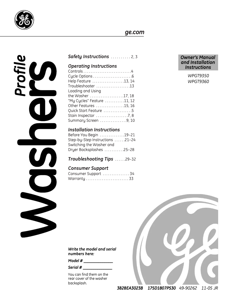 Page n°1 - Manuel utilisateur GE Harmony WPGT9350CWW