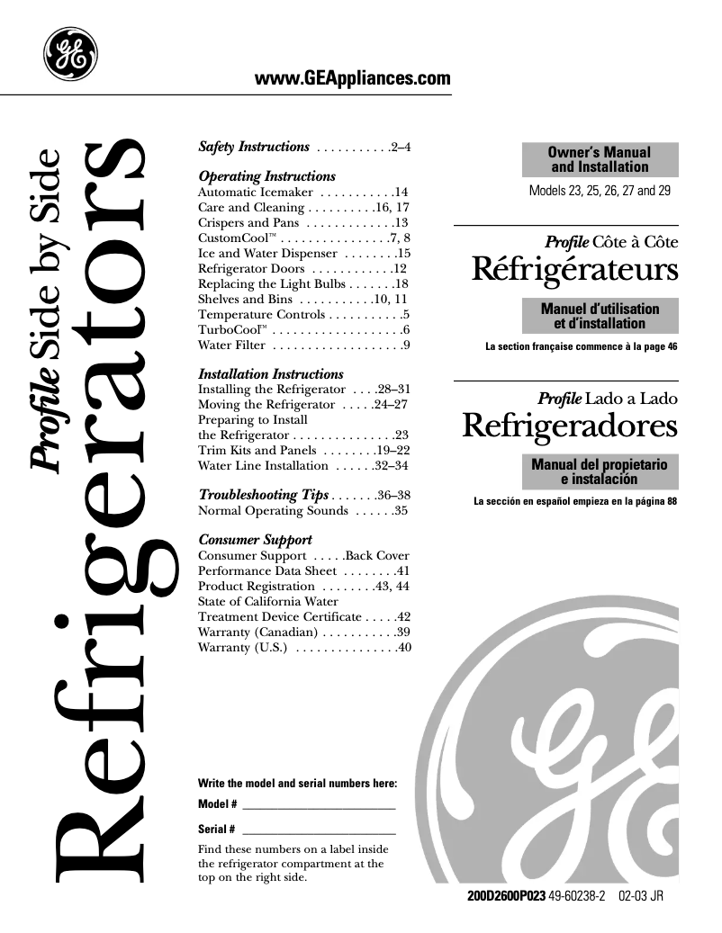 Page 1 de la notice Mode d'emploi GE PSF26NGPBB