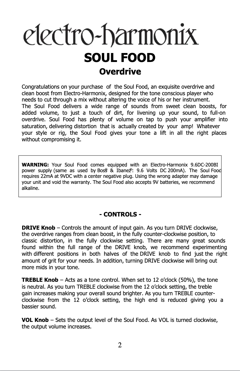 Page 1 de la notice Manuel utilisateur Electro Harmonix Soul Food