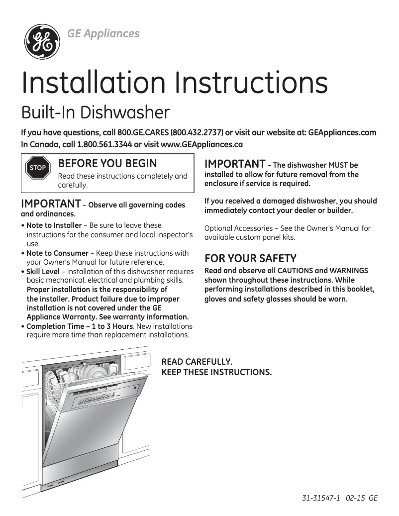 Page 1 de la notice Guide d'installation GE GSD4000DBB