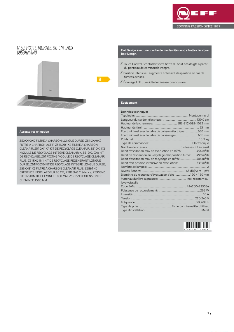 Page 1 de la notice Fiche technique Neff D95BHM4N0