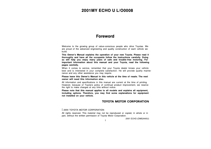 Page 1 de la notice Manuel utilisateur Toyota Echo (2001)