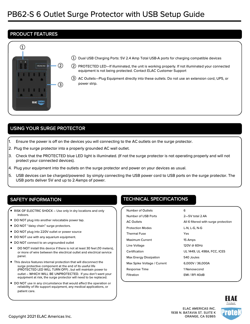 Page 1 de la notice Manuel utilisateur ELAC Protek PB-62S