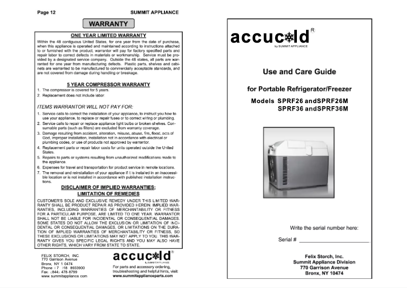 Page 1 de la notice Manuel utilisateur Accucold SPRF26M