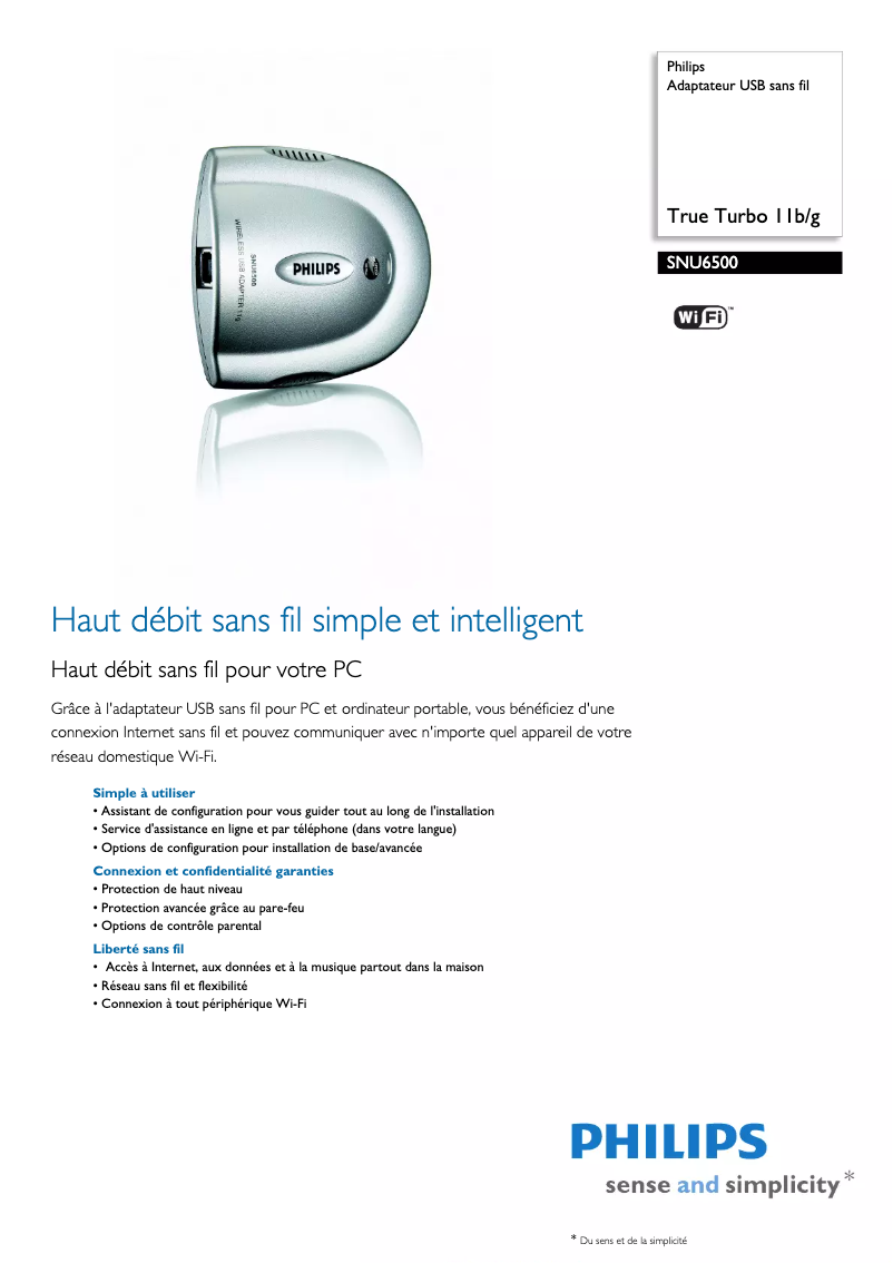 Page 1 de la notice Fiche technique Philips SNU6500