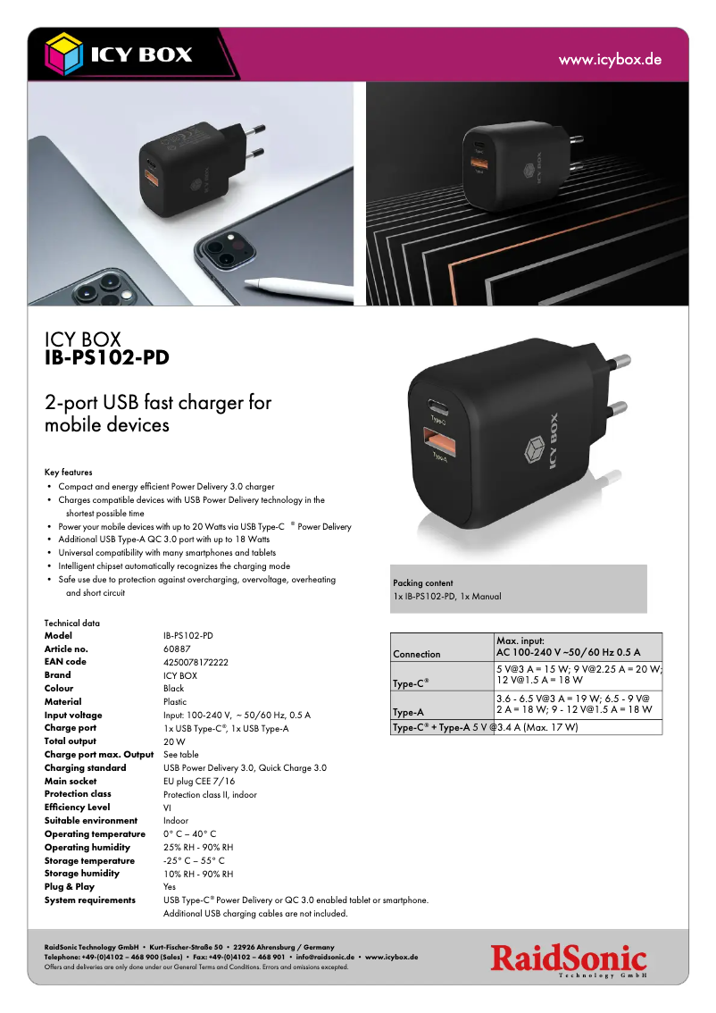 Page 1 de la notice Fiche technique Icy Box IB-PS102-PD
