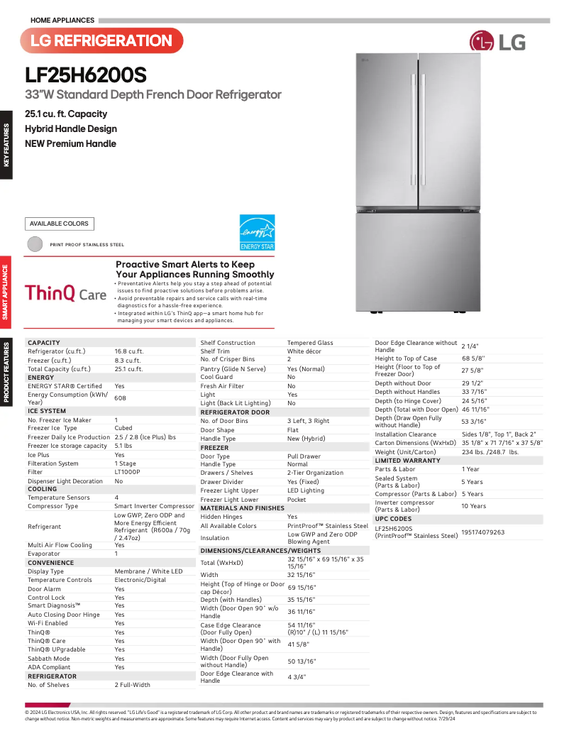 Page 1 de la notice Fiche technique LG LF25H6200S