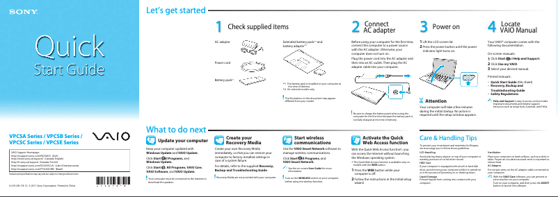Page n°1 - Guide d'installation Sony Vaio VPCSA4GFX
