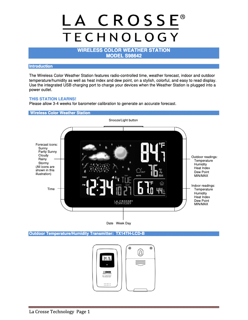 Page n°1 - Manuel utilisateur La Crosse Technology S98642