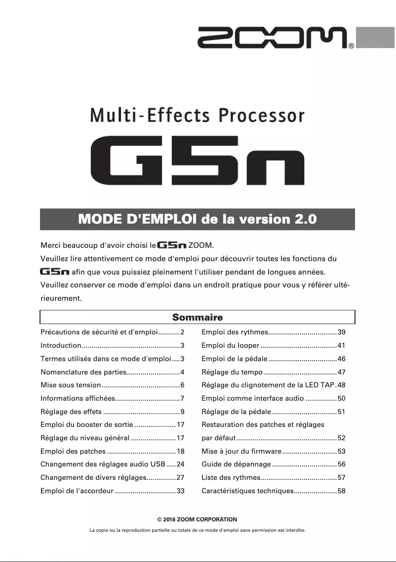 Page 1 de la notice Manuel utilisateur Zoom G5n