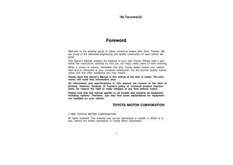Image de la première page du manuel de l'appareil Tacoma (2000)