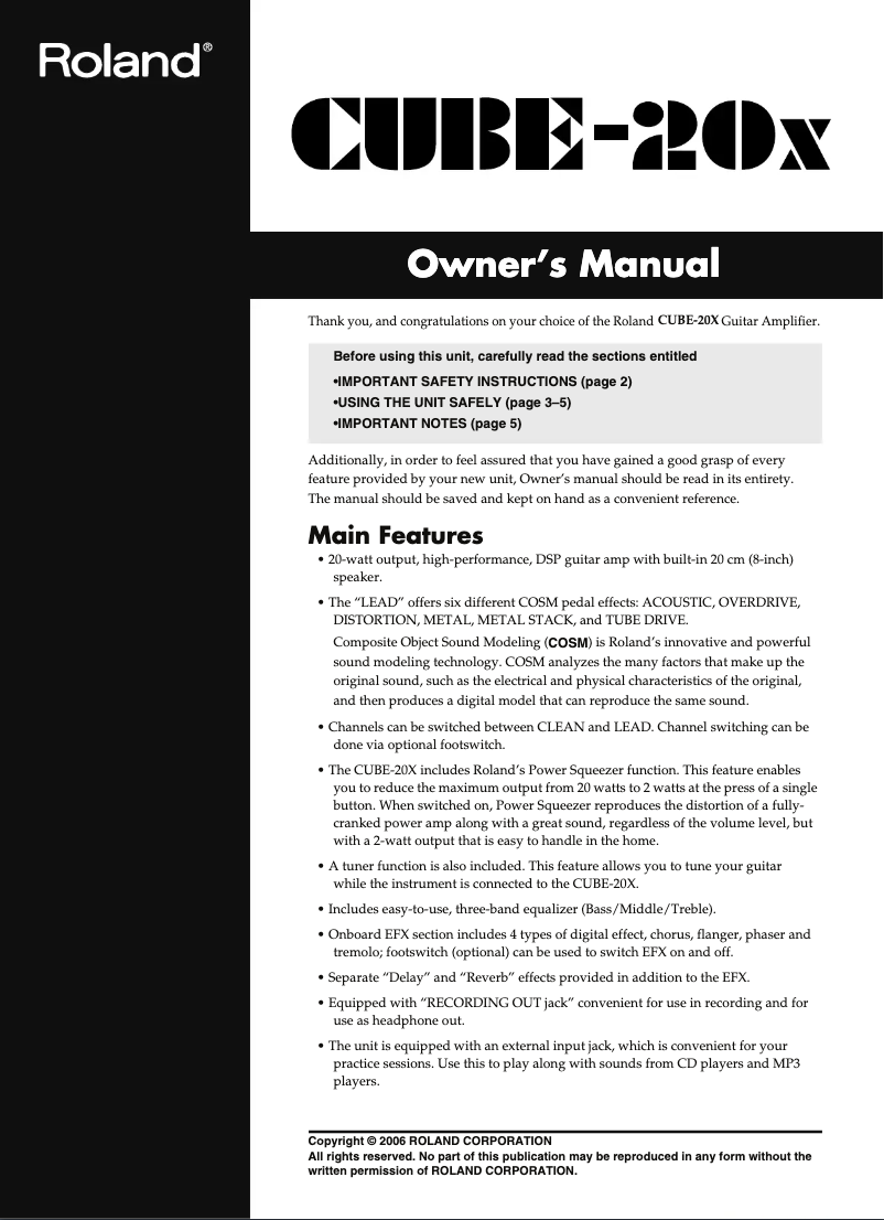 Page 1 de la notice Manuel utilisateur Roland CUBE-20X