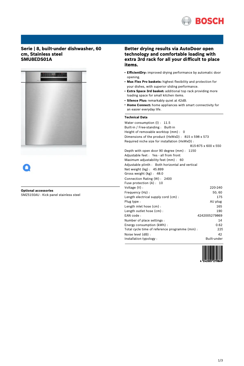 Page n°1 - Fiche technique Bosch SMU8EDS01A