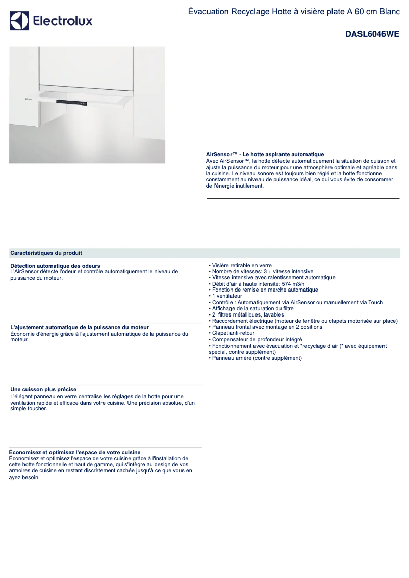Page n°1 - Fiche technique Electrolux DASL6046WE