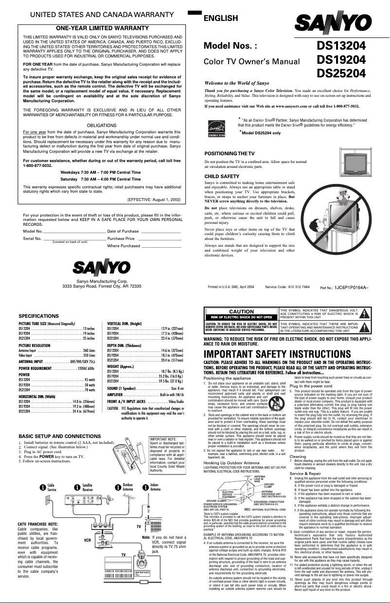Page n°1 - Manuel utilisateur Sanyo DS19204
