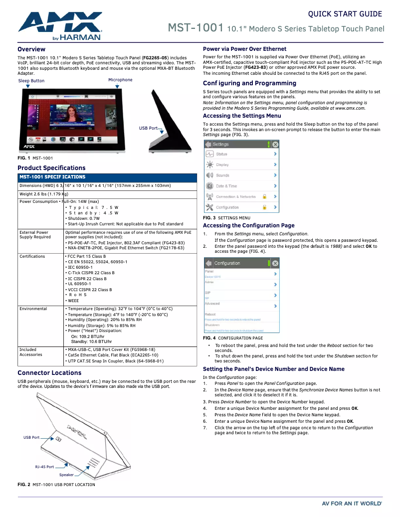 Page n°1 - Guide de démarrage rapide AMX MST-1001