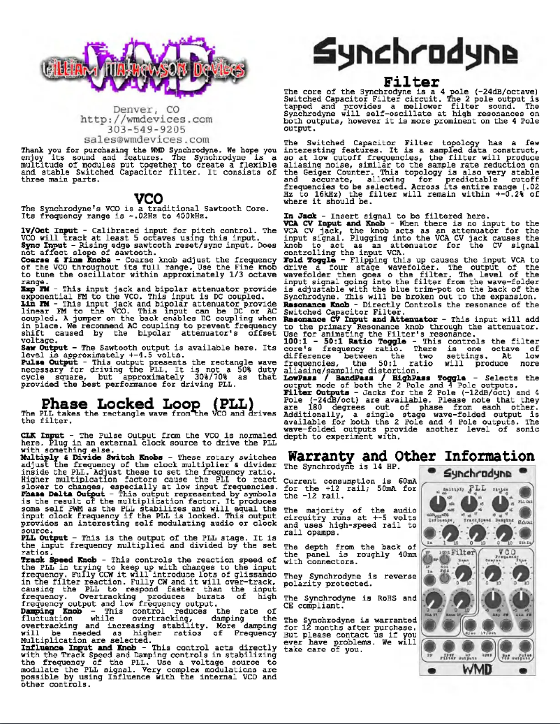 Page n°1 - Manuel utilisateur WMD Synchrodyne