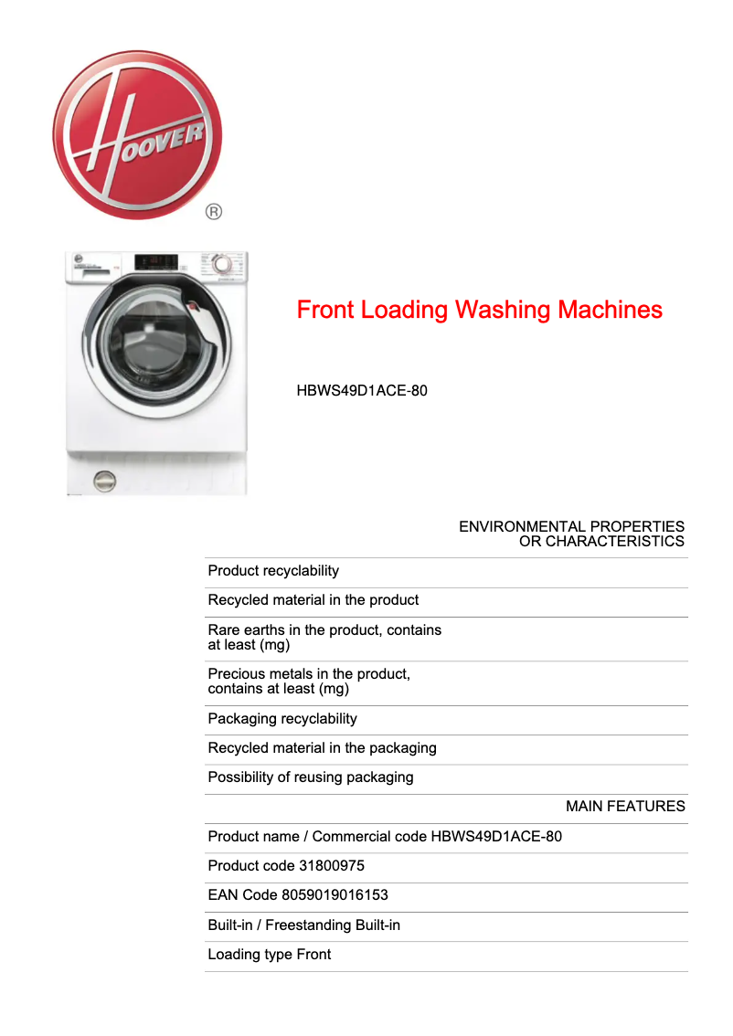 Image de la première page du manuel de l'appareil H-WASH 300 LITE HBWS49D1ACE-80