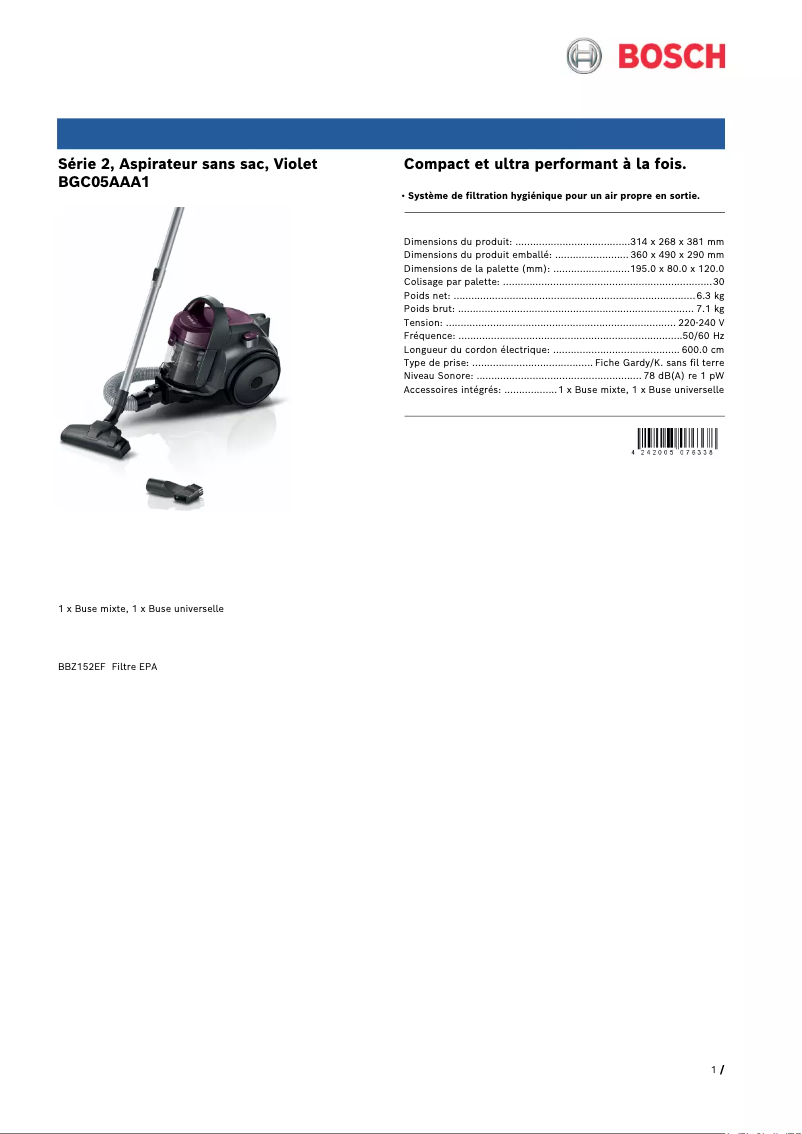 Page n°1 - Fiche technique Bosch BGC05AAA1