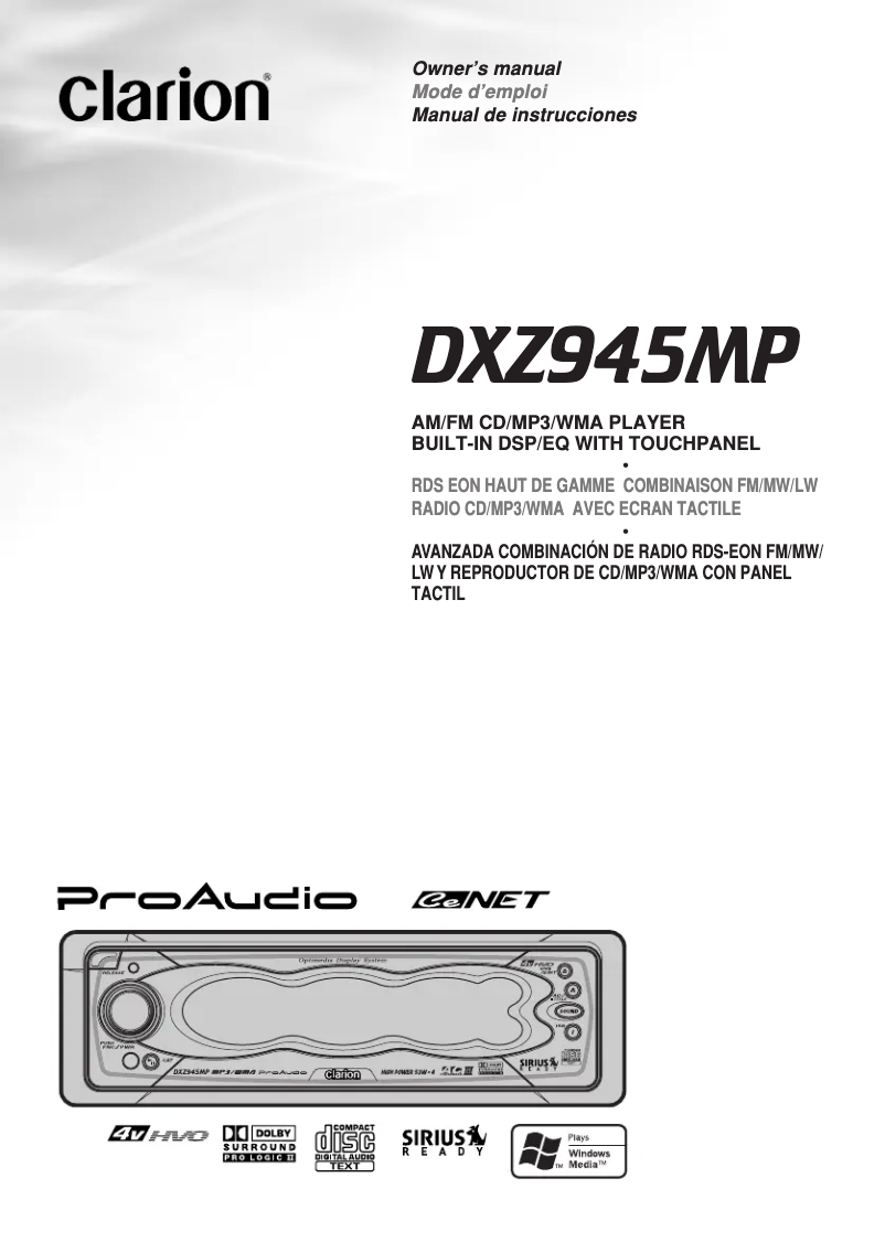 Page 1 de la notice Manuel utilisateur Clarion DXZ945MP